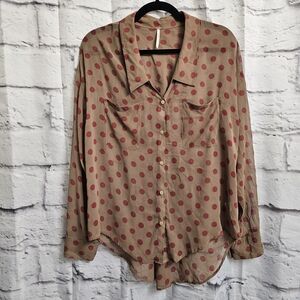 Free People Poka Dot Top Size Small Button Front Long Sleeve Sheer Blouse